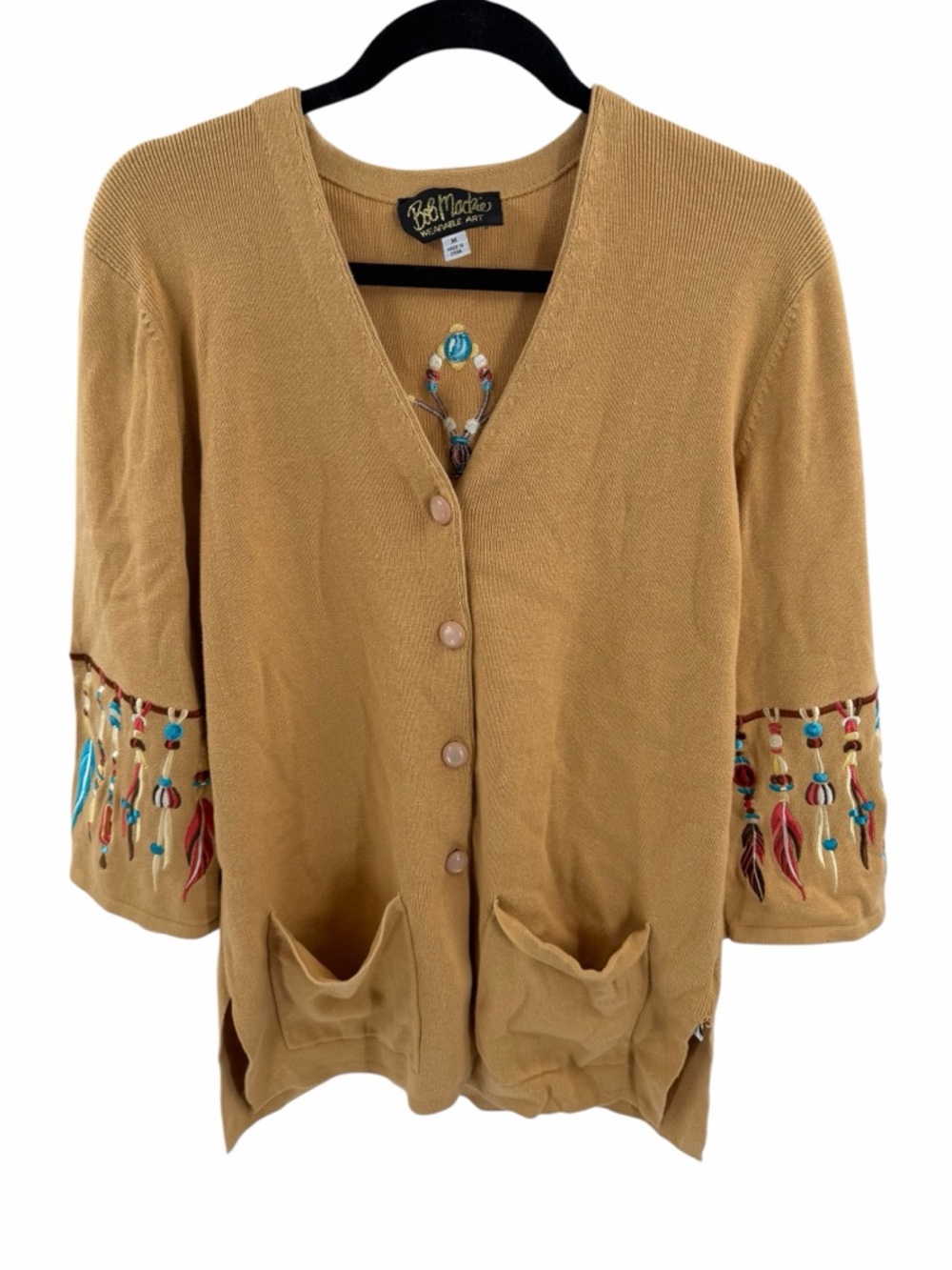 Bob Mackie Wearable Art Dream Catcher Embroidered Camel Cardigan Medium